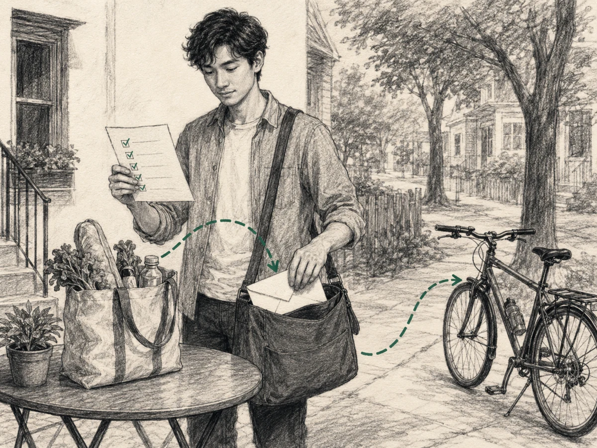 A young adult checks a list while carrying a prepared envelope and groceries beside a parked bicycle in a charcoal editorial sketch with a restrained emerald route.