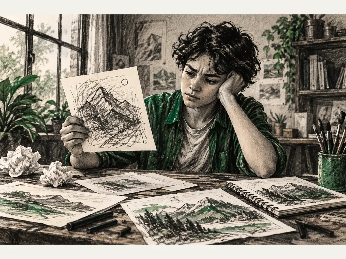 A frustrated young maker studies a rough, imperfect first sketch among crumpled drafts and drawing tools.