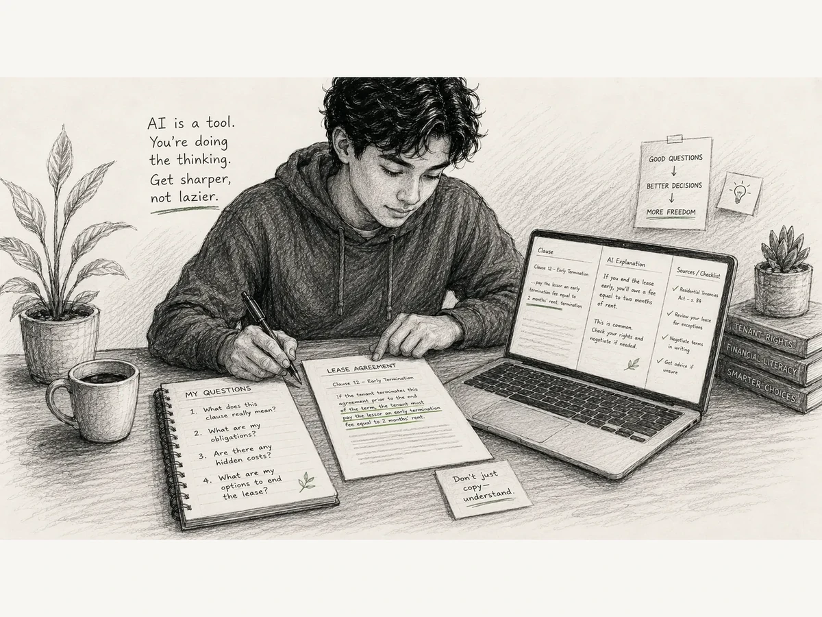 A young adult uses AI to understand a lease while writing their own questions in a black-and-white LifeEducation sketch with restrained green highlights.