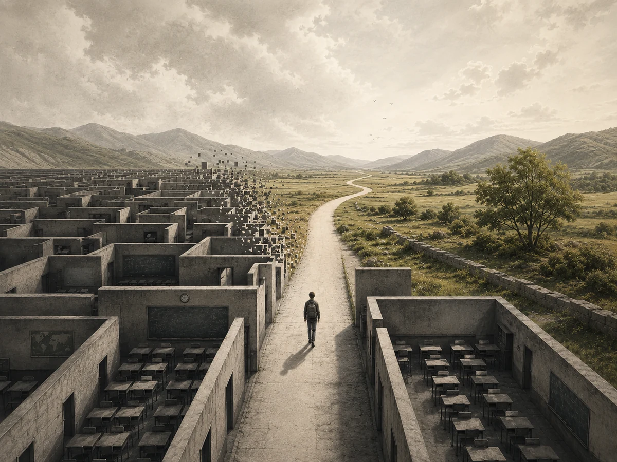 A maze of gray classroom walls dissolving into a bright open road through green countryside.