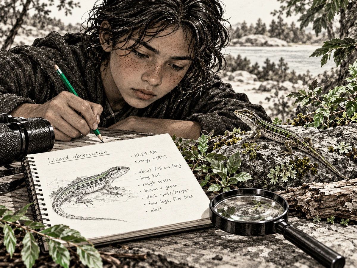 A young observer records direct notes about a lizard before trying to explain its behavior.