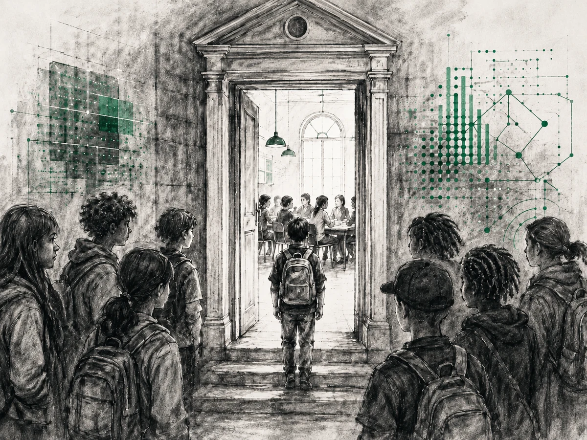 Students inside a classroom while other young people remain outside the doorway, representing who was counted in old school comparisons.