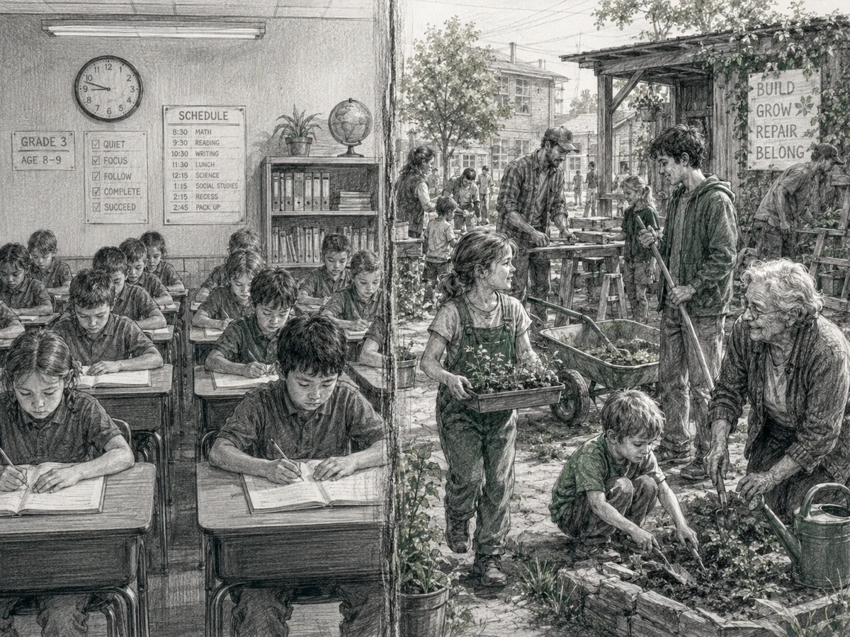 A split pencil-sketch scene contrasts rows of same-age students in a classroom with a mixed-age community scene of children and adults learning and working together.