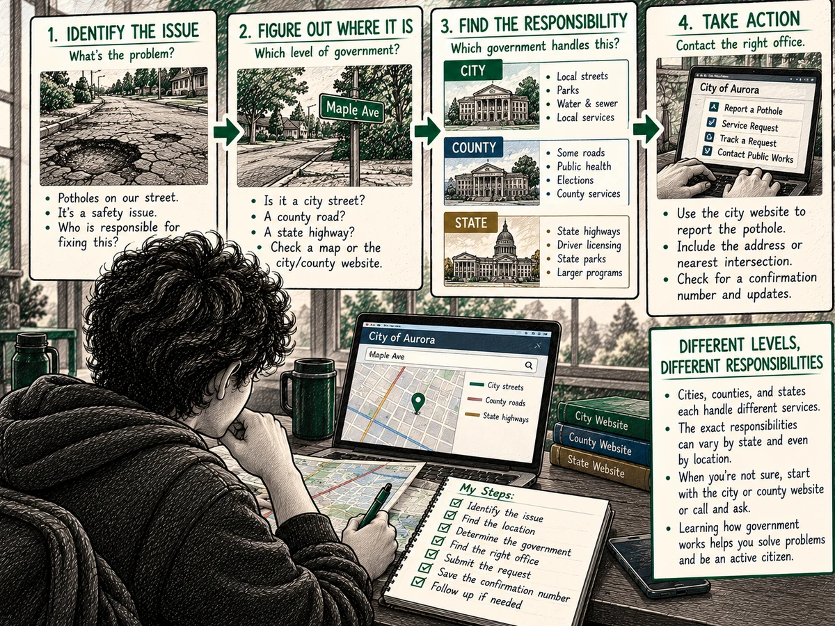 An illustrated civic guide traces which level of government is responsible for repairing a local street.