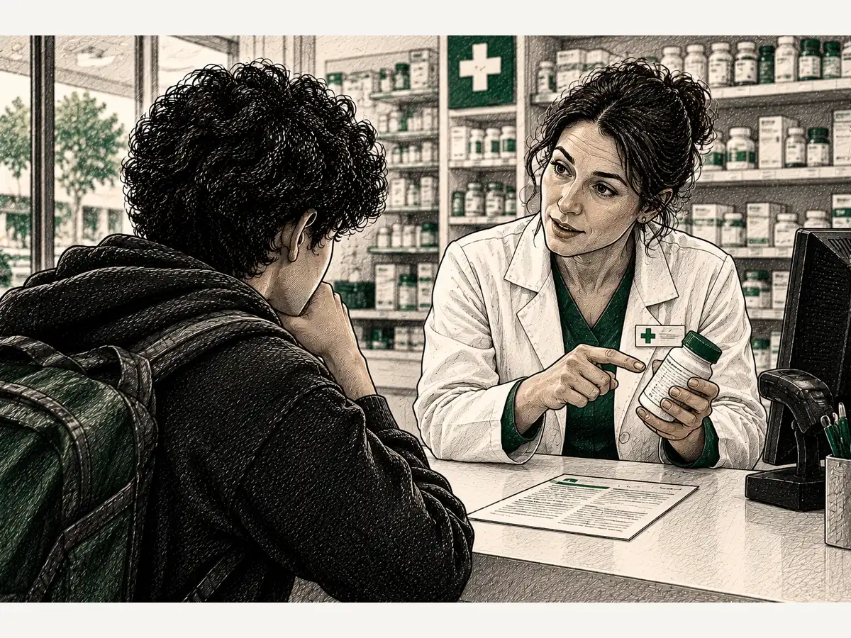 A pharmacist explains a medication label to a young adult who asks questions at the pharmacy counter.