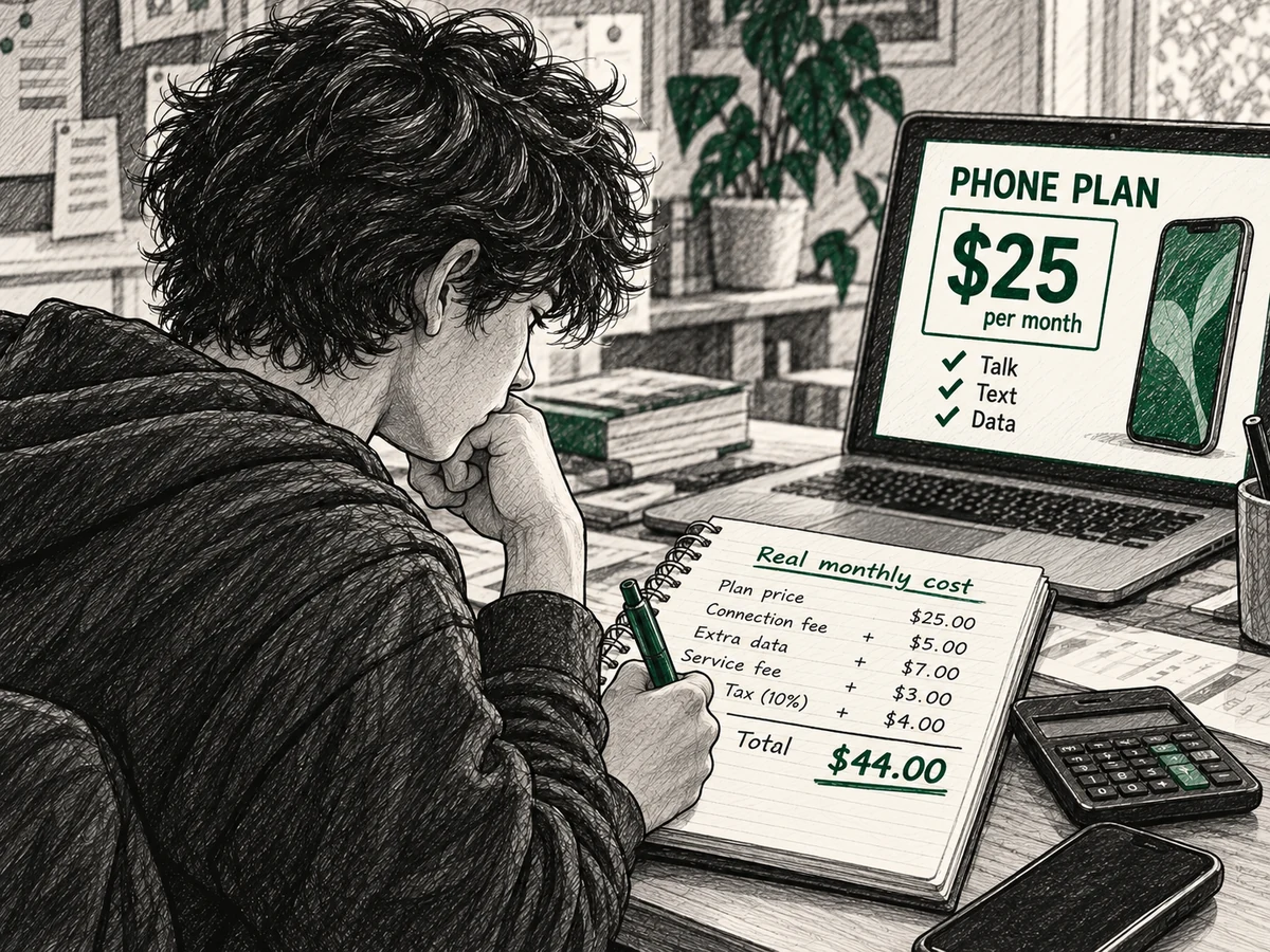 A young person checks the actual monthly cost of a phone plan against its advertised price.