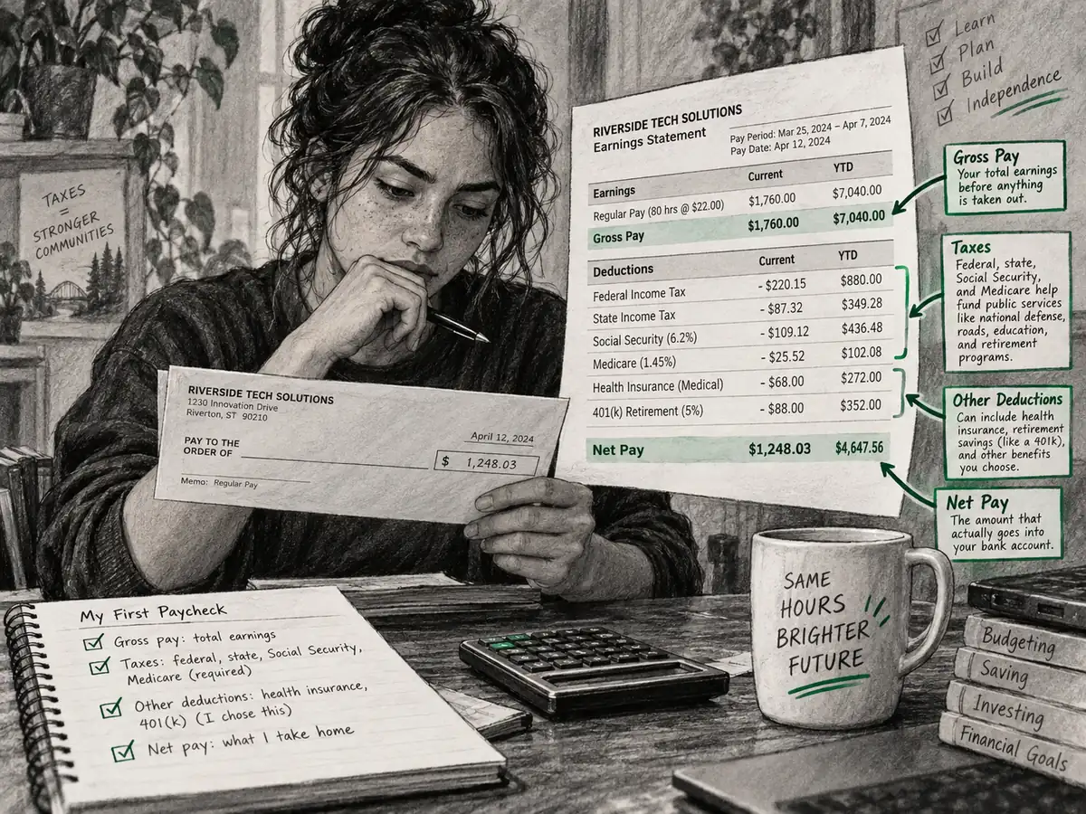 A young adult examines a paycheck and pay stub, identifying gross pay, taxes, deductions, and net pay.