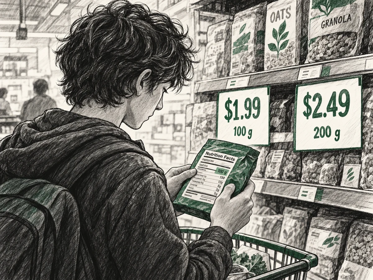A young shopper compares price and package weight to choose the better value in a grocery aisle.