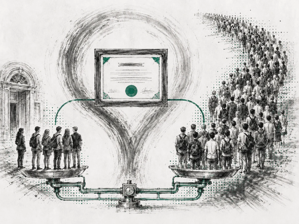 A diploma balanced over a changing crowd, showing how graduation means different things when the denominator changes.