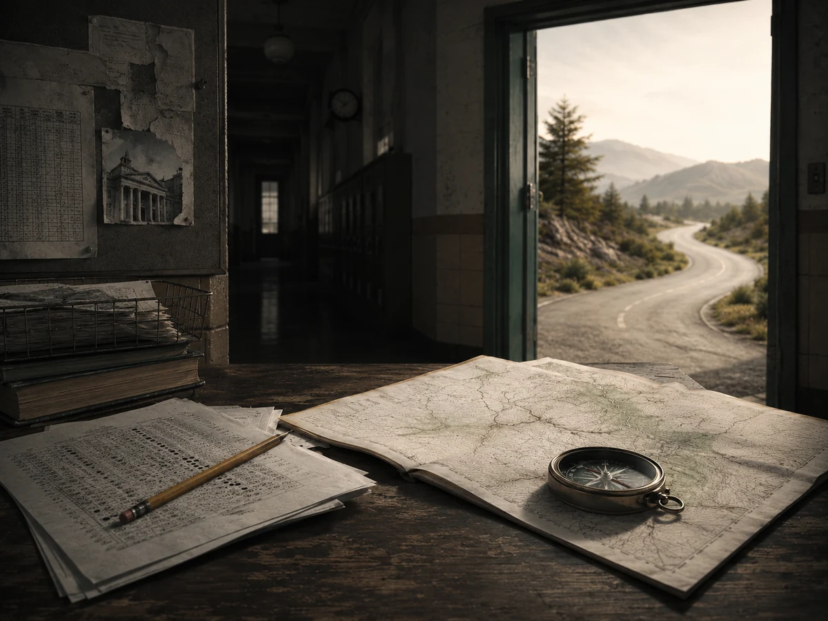 A school desk with test sheets, a map, and a compass beside an open doorway to a winding road.