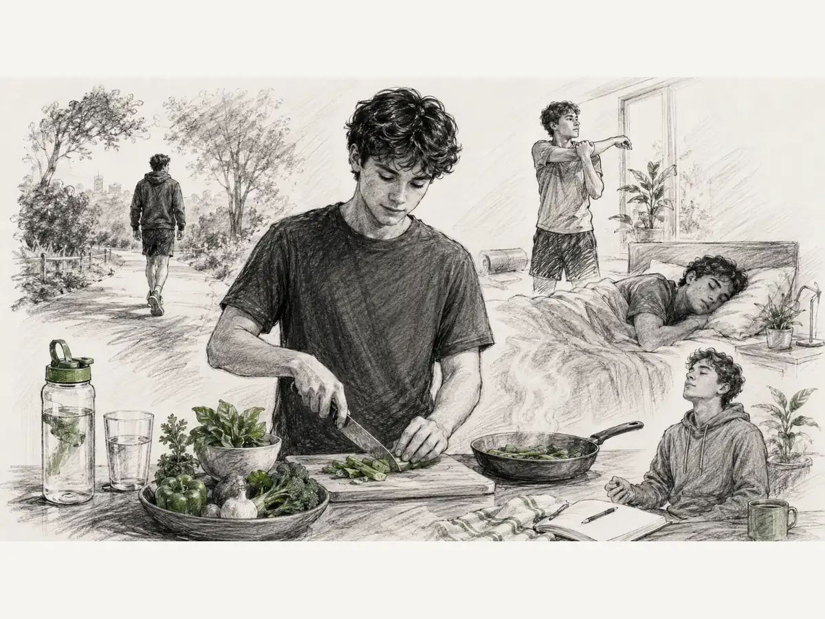 A young adult prepares a simple meal while surrounding sketches show walking, stretching, sleep, hydration, and calm recovery.