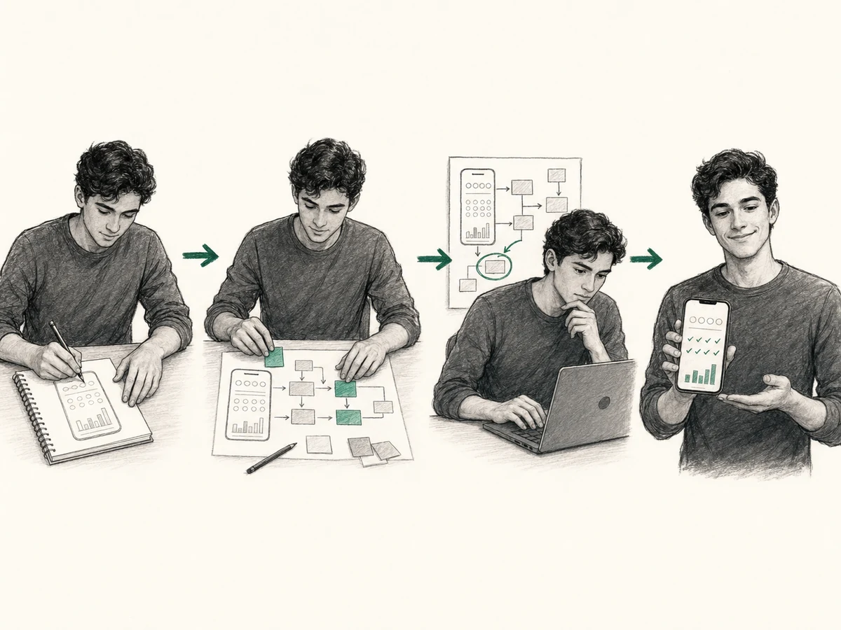 A four-stage black-and-white sketch follows a habit-tracking app from an idea notebook through planning and debugging to a working phone app, with restrained green arrows linking the stages.