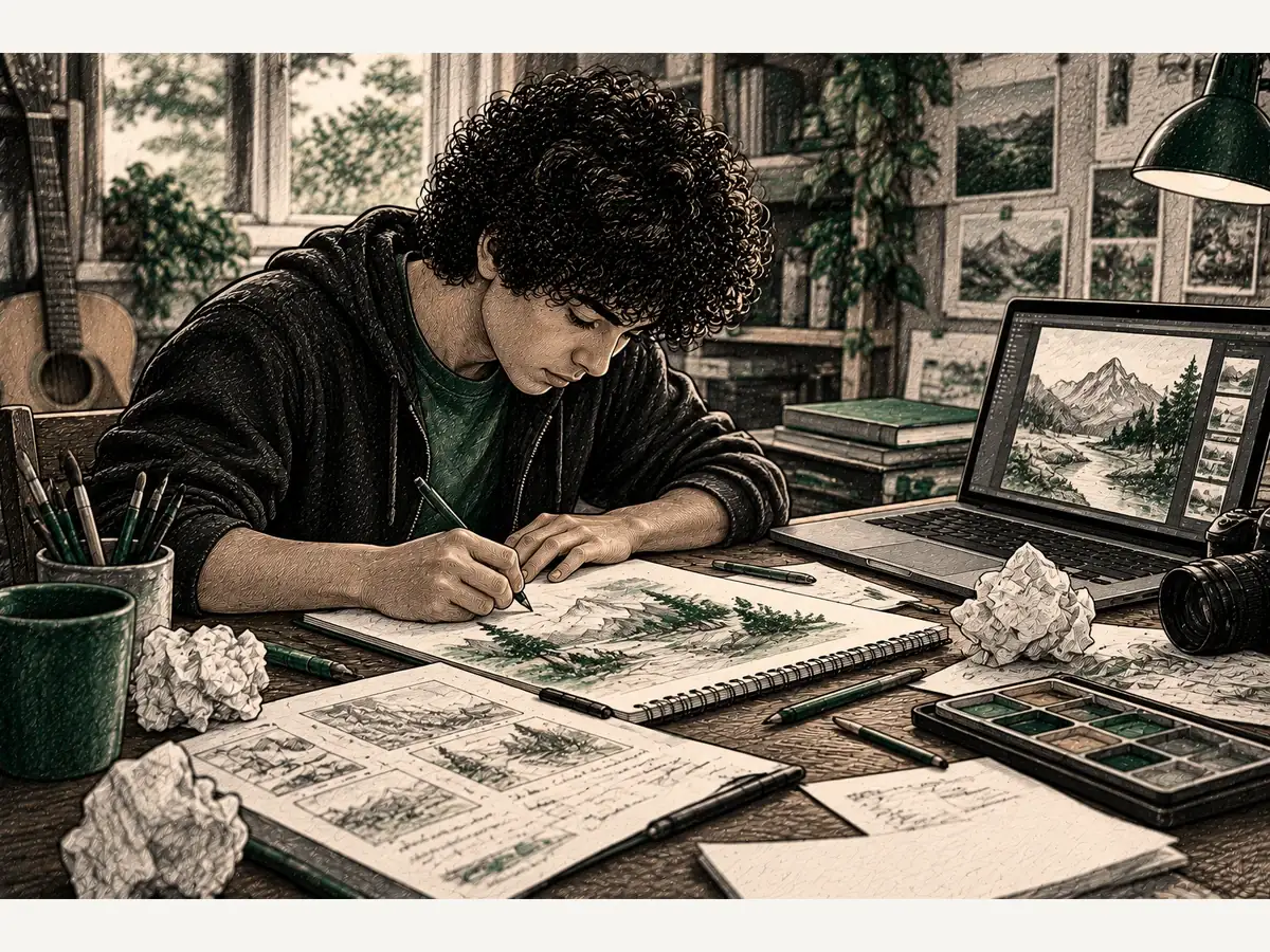 An artist revises a mountain landscape through repeated sketches and a digital reference at a cluttered worktable.