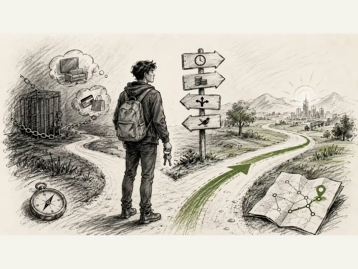 A young adult stands at a sketched crossroads where a green-highlighted path points toward time, options, and freedom.
