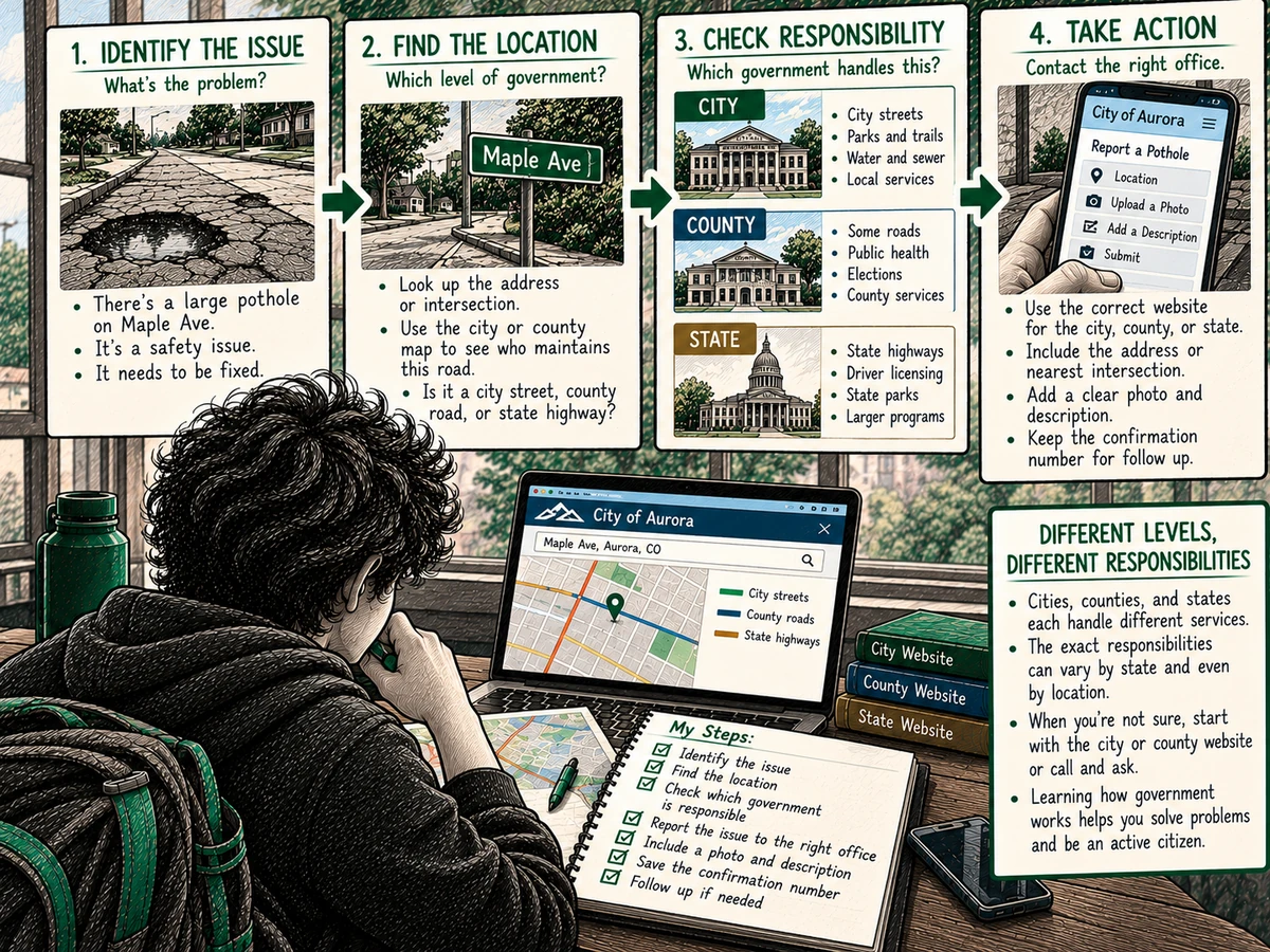 A person follows a step-by-step guide to find the responsible office and report a pothole.