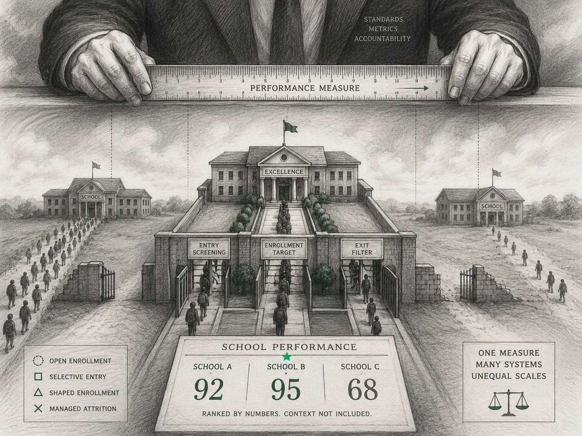 A giant pair of hands measuring school performance above three schools, with the highest-scoring school filtered through entry screening, enrollment targets, and exit filters.