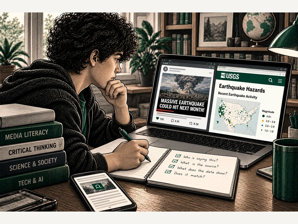 A young adult checks an alarming earthquake claim against the USGS earthquake activity map, making notes about the source and evidence.