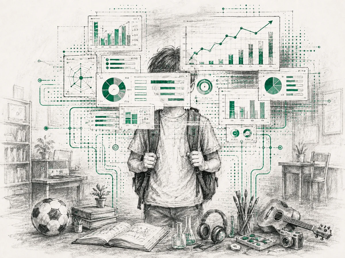 A student partly obscured by rising dashboard lines, showing the gap between school metrics and real capability.