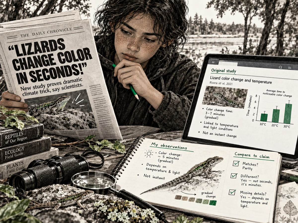 A student checks a dramatic headline against the original study and field observations.