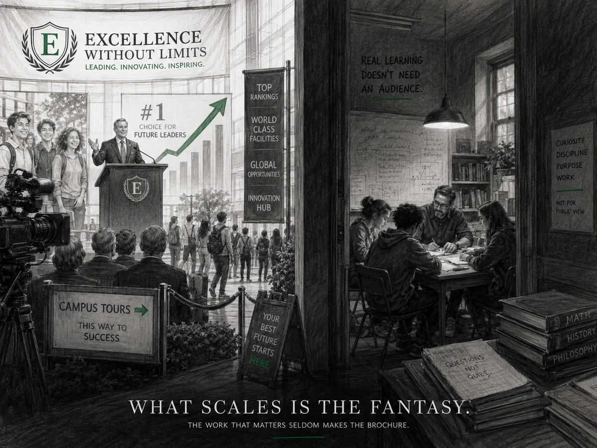 A split illustration contrasting a glossy school marketing event on one side with a quiet teacher-led discussion on the other.