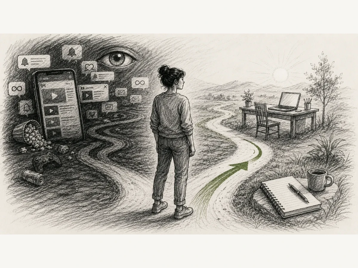 A young adult stands at a crossroads between a dark notification-filled path and a calmer path toward purposeful technology use in a black-and-white LifeEducation sketch with restrained green highlights.