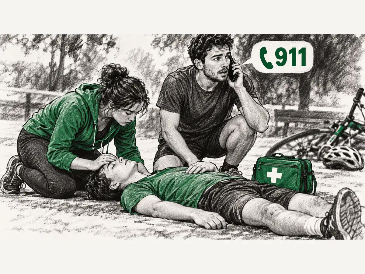 Two bystanders assess an unresponsive cyclist and call emergency services, with a first aid kit nearby.