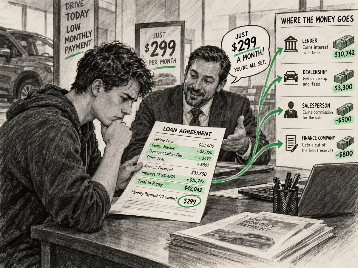 A young adult questions a car dealership financing pitch and traces how interest, fees, and commissions benefit the seller and lender.