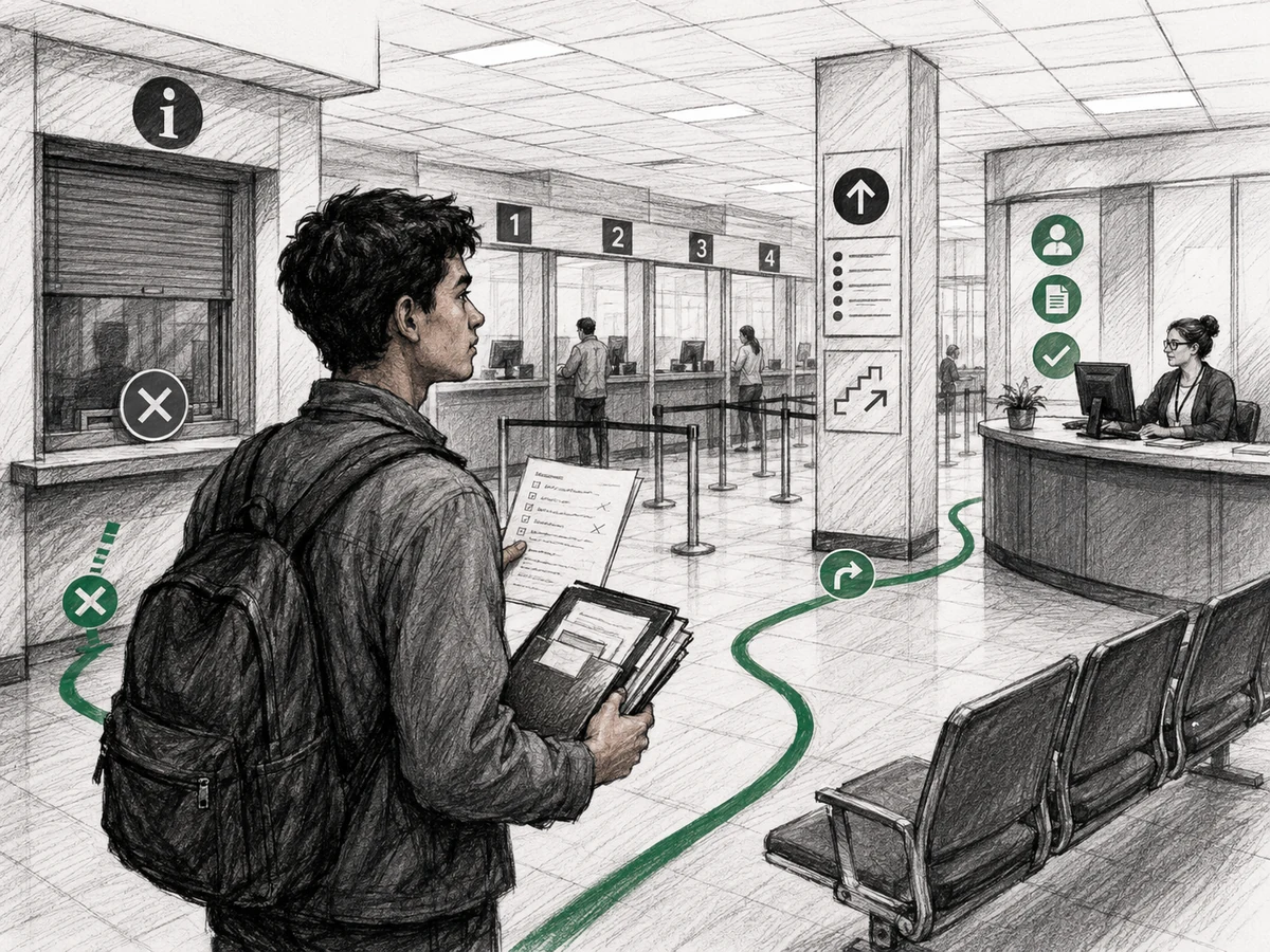 A young adult follows a green route through an institutional service office, passing an information dead end and reaching the support desk with documents and notes in hand.