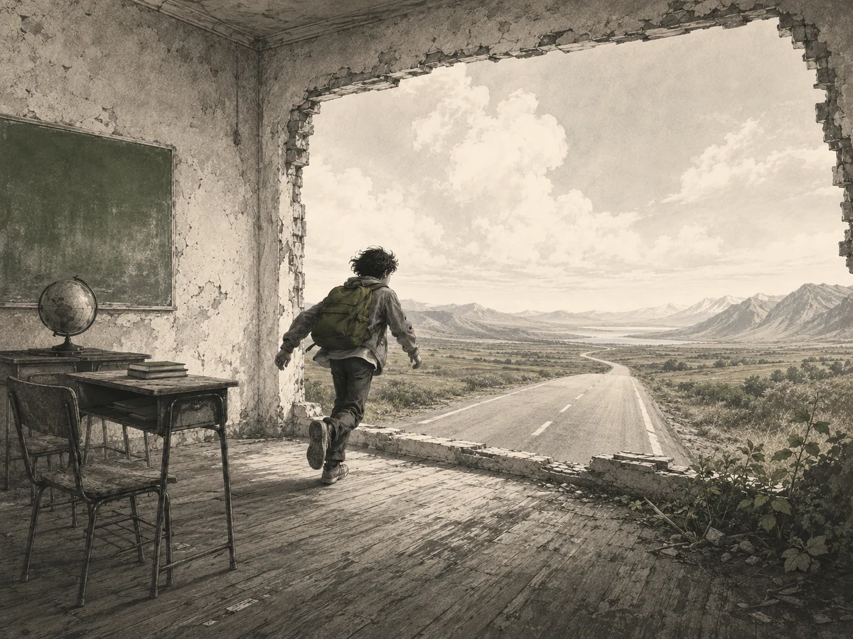 A child with a backpack running out of a weathered classroom toward a long road and open mountains.