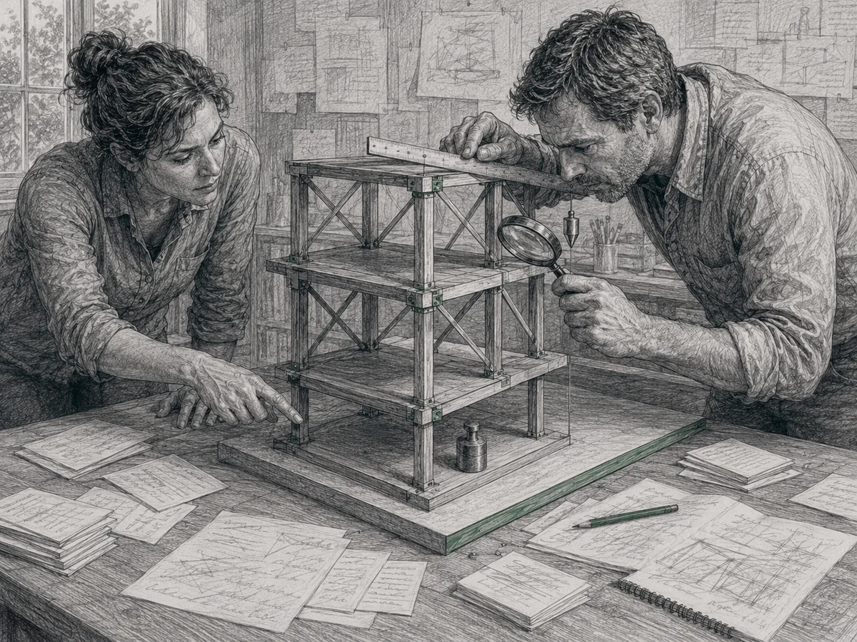 Two people at a drafting table test the load-bearing joints of a layered framework with a ruler, magnifying glass, plumb line, and small weights.