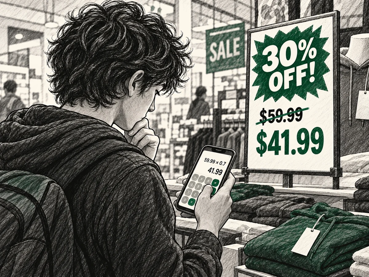 A shopper calculates whether a thirty-percent discount actually yields the claimed sale price.