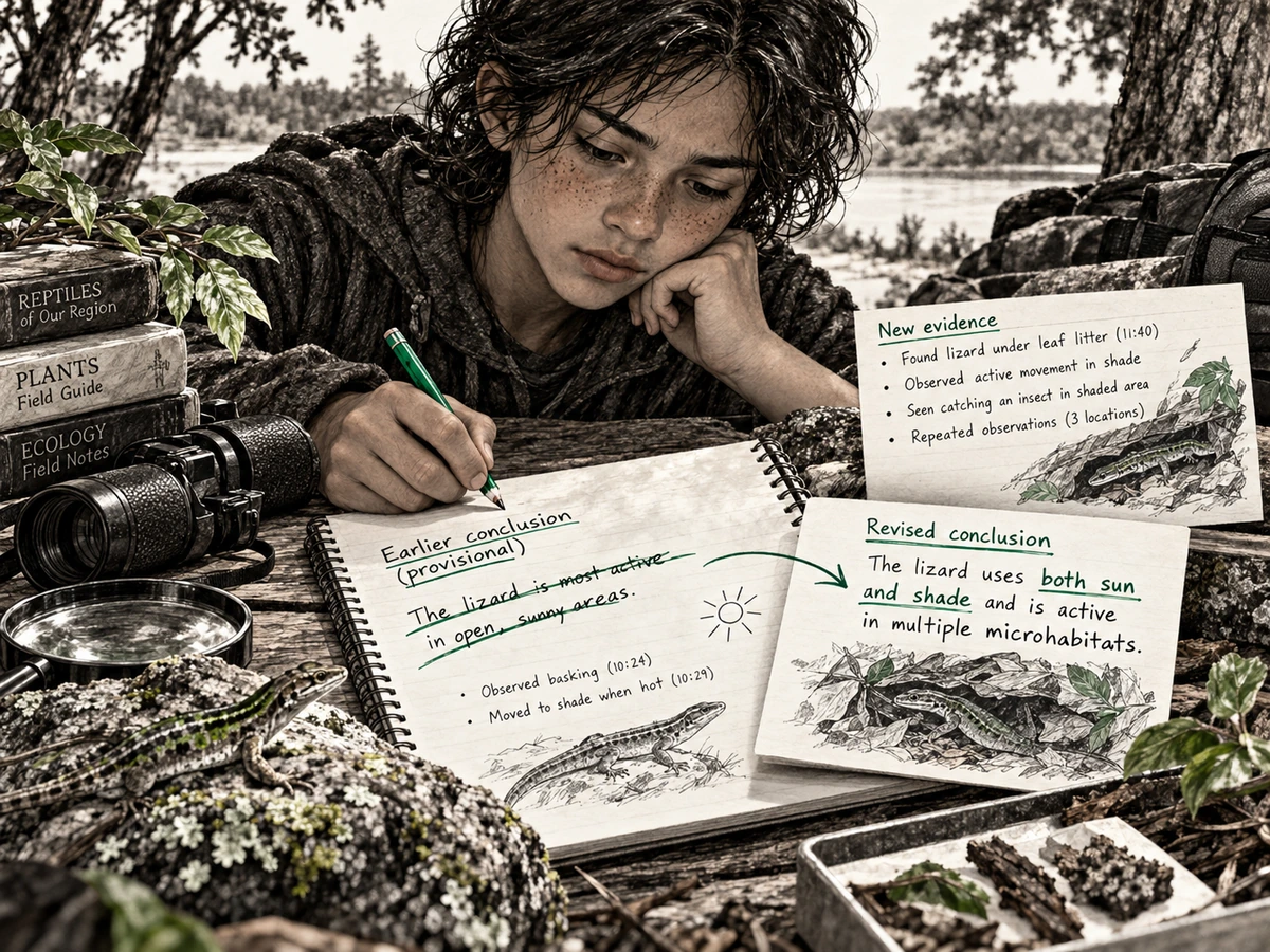 A young investigator revises a conclusion after new evidence contradicts the earlier idea.