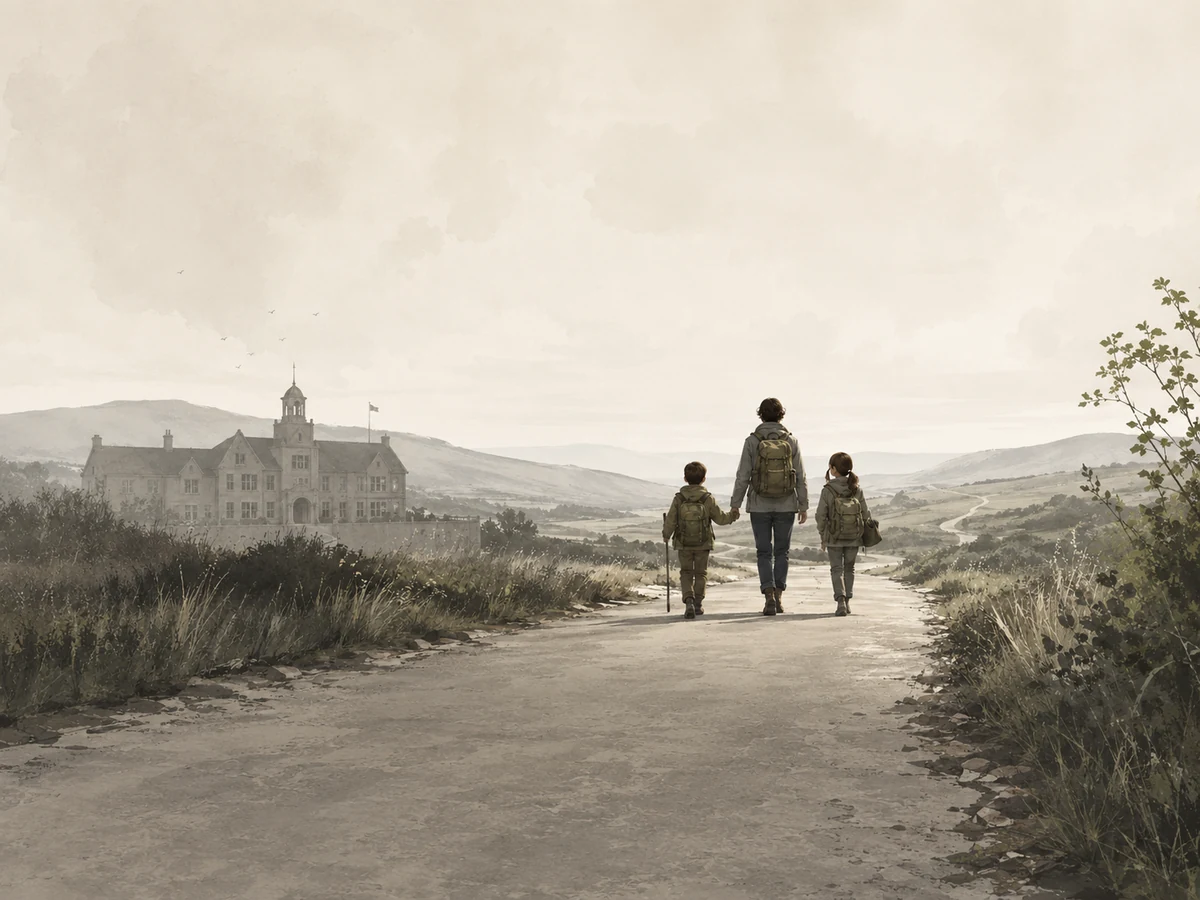 An adult and two children with backpacks walking away from a distant school building toward open country.