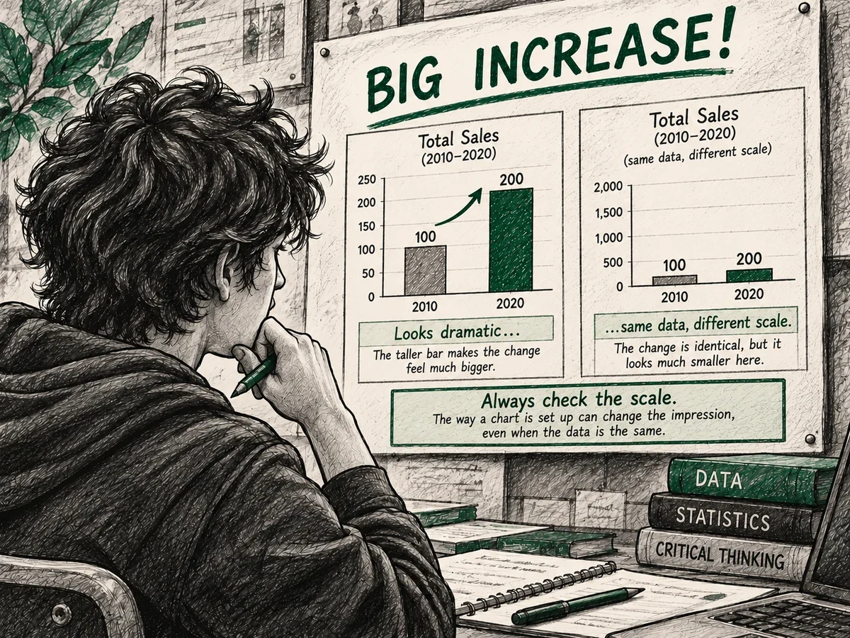 Two charts show the same change in sales on different vertical scales, demonstrating how presentation changes perception.