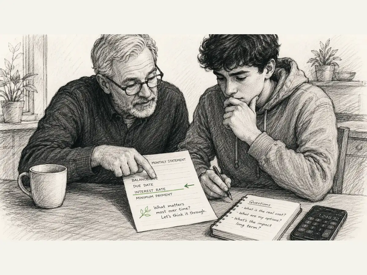 An older adult and a young adult study a financial statement together, with a green highlight on the question that matters most over time.