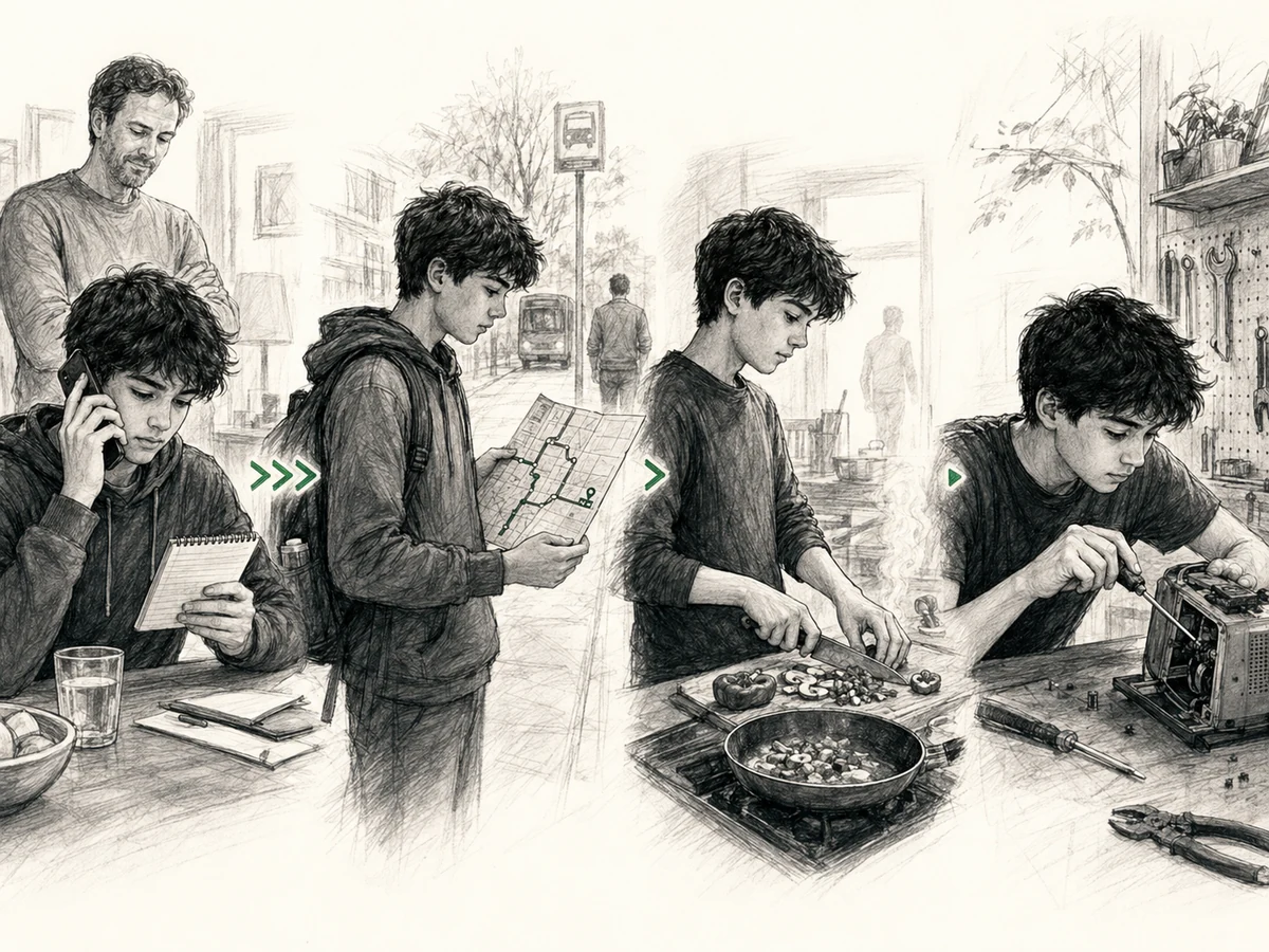 A parent stands back while a young person handles a phone call, route plan, meal, and small repair in a four-stage black-and-white sketch with restrained green handoff markers.