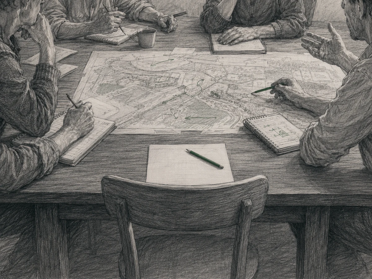 An open chair waits at the end of a review table where several people have marked and questioned a large plan, with one green pencil left ready for another critic.