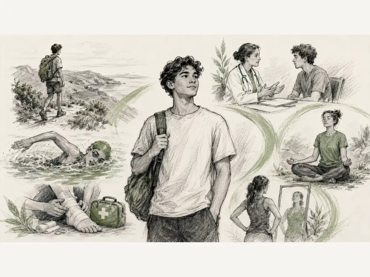 A central young adult is surrounded by sketches of hiking, swimming, first aid, doctor communication, stress regulation, and body ownership.