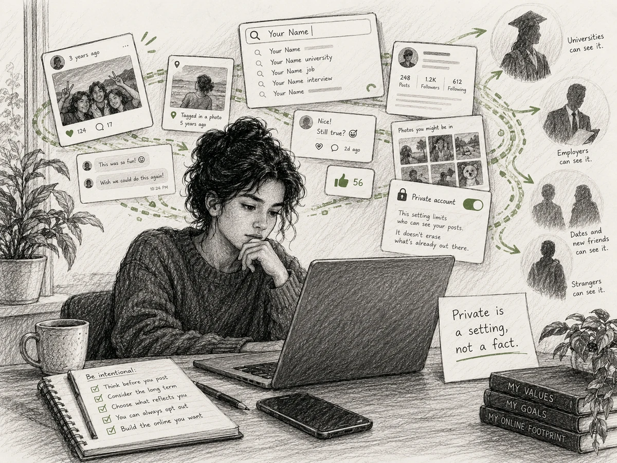 A thoughtful young adult considers a lasting digital footprint of posts, tagged photos, comments, and search results visible to others.