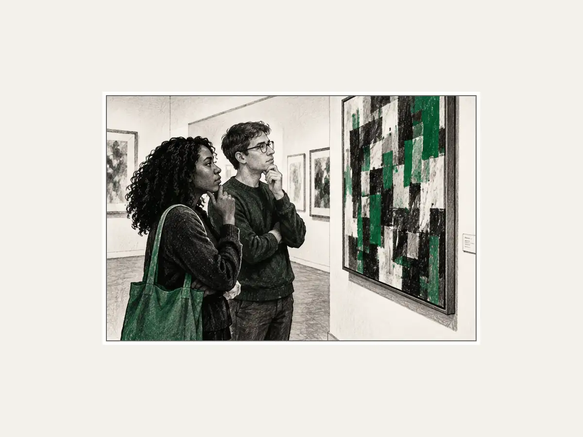 Two visitors look closely at unfamiliar abstract artwork and consider how to separate personal taste from craftsmanship.