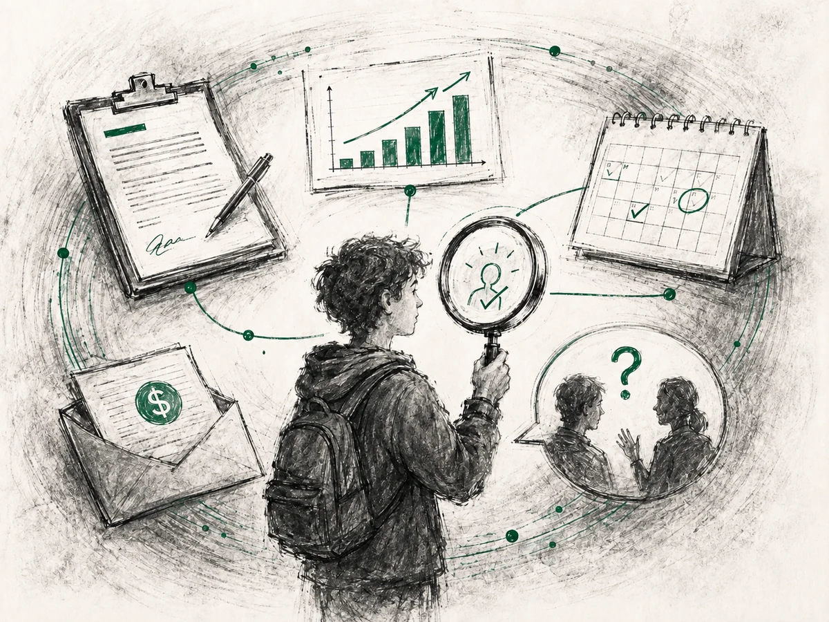 A student uses a lens to examine real-world tasks such as a contract, chart, schedule, and loan offer.