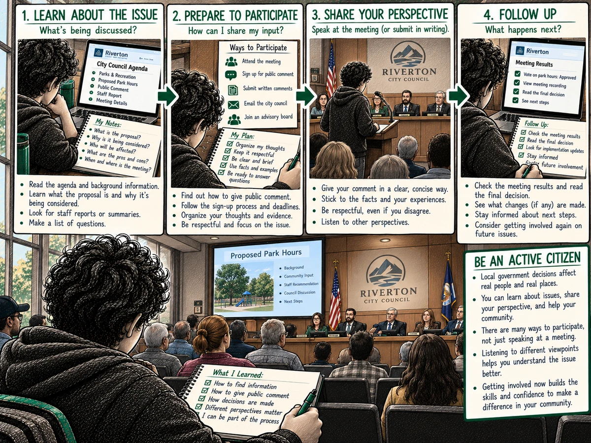 A resident researches a local council proposal, gives public comment, and follows the decision.