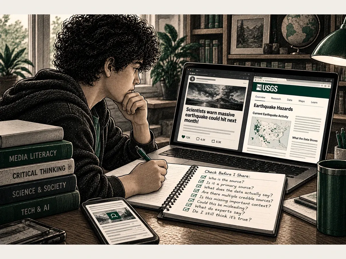 A student compares an alarming prediction against a scientific source before drawing a conclusion.