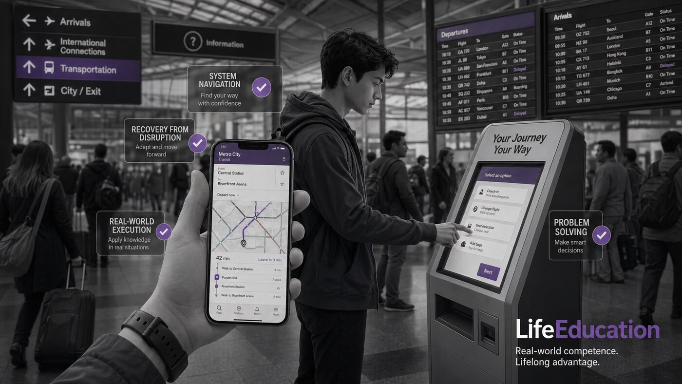 A young person uses a public travel kiosk while a phone shows navigation, symbolizing real-world problem solving and system navigation.